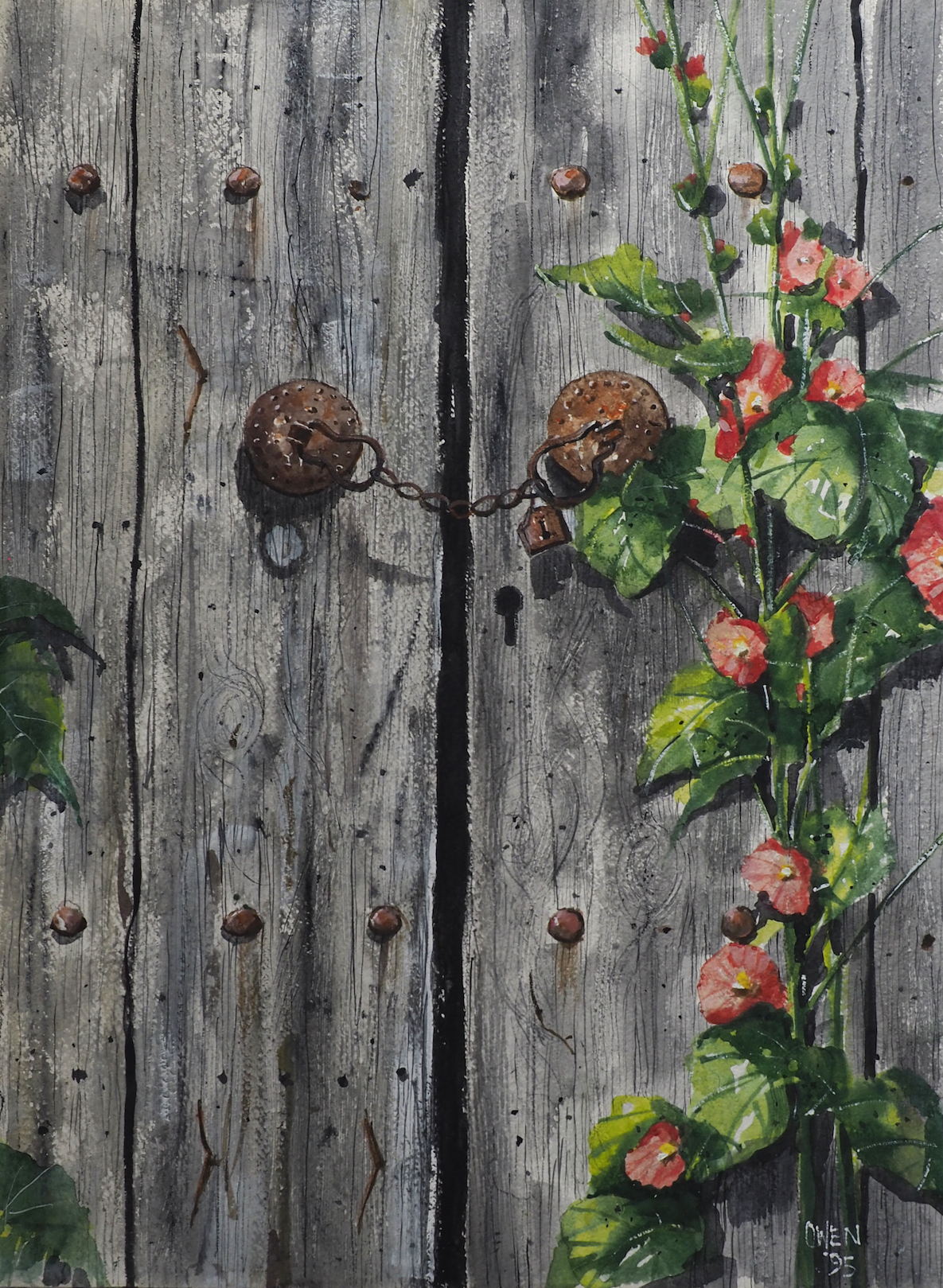 Lania Door with Hollyhocks